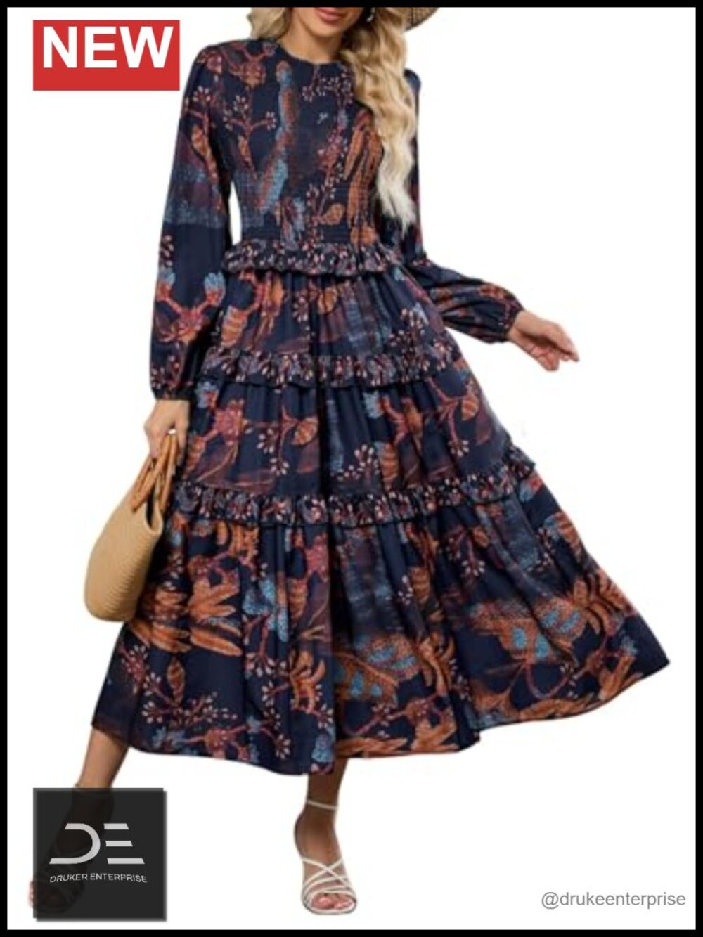 Womens Smocked Floral Maxi Dress Long Puff Sleeve Tiered A-Line Fall